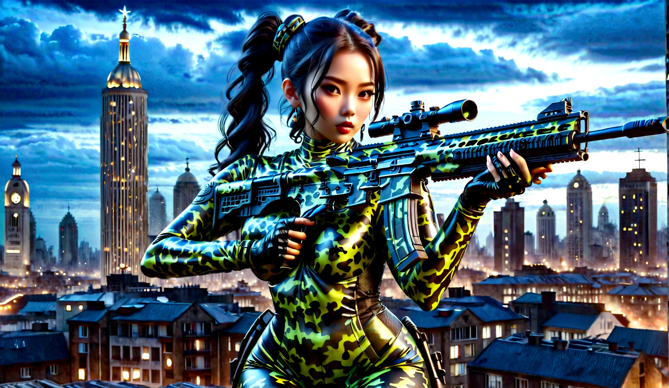 Beautiful Asian woman, large breasts, black hair slicked back in a two-bun hairstyle, wearing a (night camo:1.4) latex bodysuit and (night camo makeu:1.4), holding an assault rifle, on the roof of a high-rise building, against a night cityscape, dark background, full body portrait, master of calligraphy, immortal, (highest quality, 4k, 8k, high resolution, masterpiece: 1.2), ultra-detailed, (realistic, photorealistic, photorealistic: 1.37), HDR, studio lighting, extremely detailed, vibrant colors, cinematic lighting
