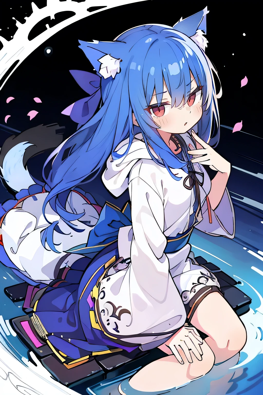 （masterpiece：1.2），Super detailed，lifelike，Expressive eyes，fair skin，perfect face shape，1 girl，
Japanese comics,Gorgeous blue hair,flowing blue hair,flowing clothes,Cat ears,Petals fall,beautiful lola,Baby Angel,
Shaking head with one hand，Cross your legs，Gentle and peaceful background，The pavilion is cool and comfortable,smile, wearing hoodie, background of tokyo,back views,snowing, winter,lie on the water.