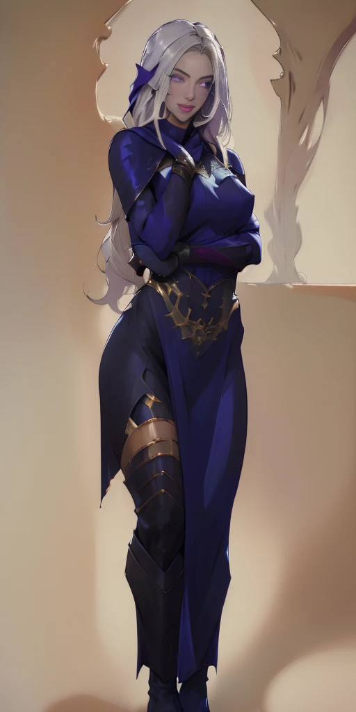 (Female hands on hips)(chest covered)(smile) purple skin, pale golden hair and violet eyes. She prefer clothing of white and silver with cloaks of deep blue or purple ((very precise detailed)) ((high res) plain background, red gloves gauntlets full body standing straight symmetrical looking to viewer, she kiss her twin sister bbc kiss 💋 😘