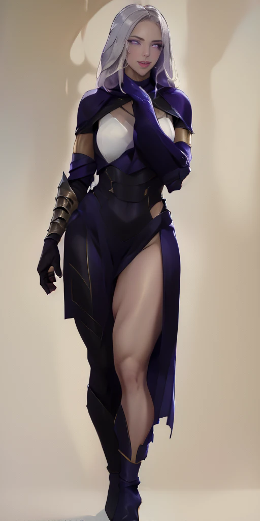 (Female hands on hips)(chest covered)(smile) purple skin, pale golden hair and violet eyes. She prefer clothing of white and silver with cloaks of deep blue or purple ((very precise detailed)) ((high res) plain background, red gloves gauntlets full body standing straight symmetrical looking to viewer, she kiss her twin sister bbc kiss 💋 😘