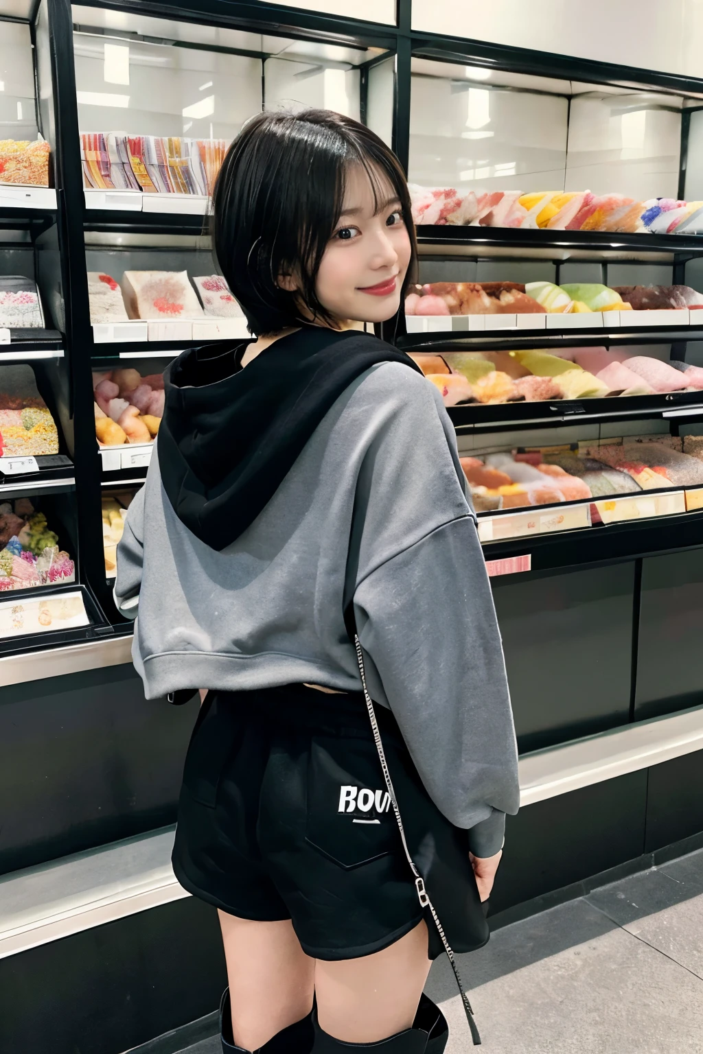 One girl、black hair、short hair、Logo hoodie(gray)、hot pants(black)、boots with buckles(black)、indoor、Earthen floor、Showa Retro、Display shelves of sweets、Inside the candy store、While walking、smile、Back view、Composition from below