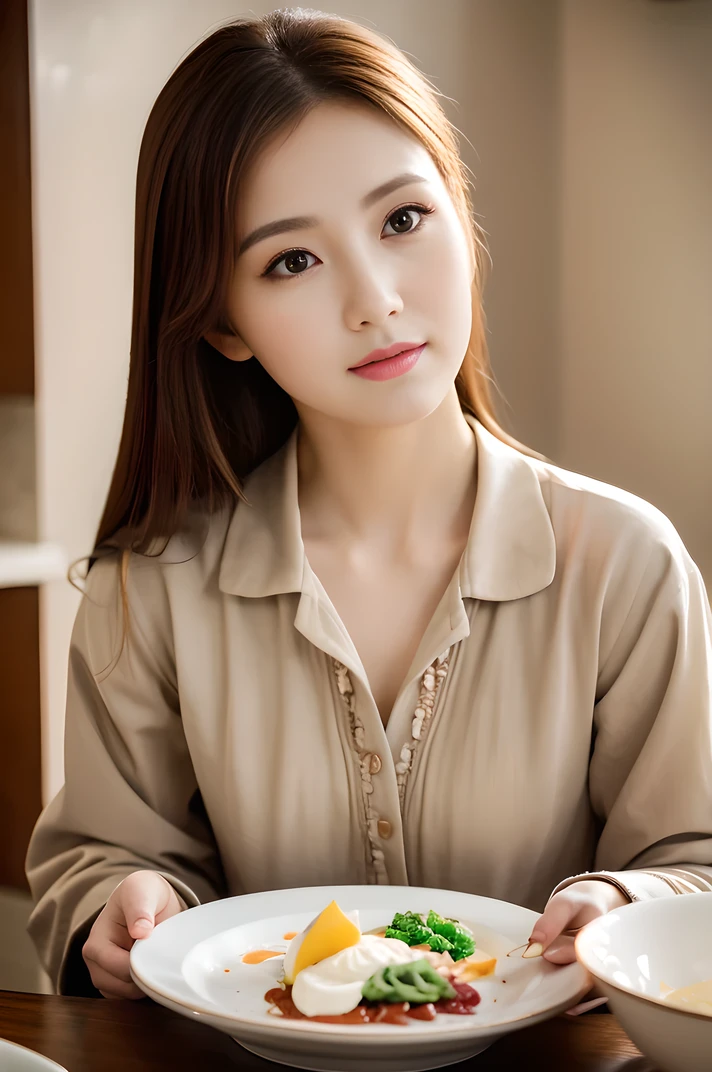 High resolution、30-year-old woman、Wearing a jacket、1girl、The dishes、Finish as shown in the picture、Her skin is white and beautiful、Colored inside、Professional photography、Photorealistic、Professional Lighting、masterpiece、Very delicate and beautiful、A lot of dishes