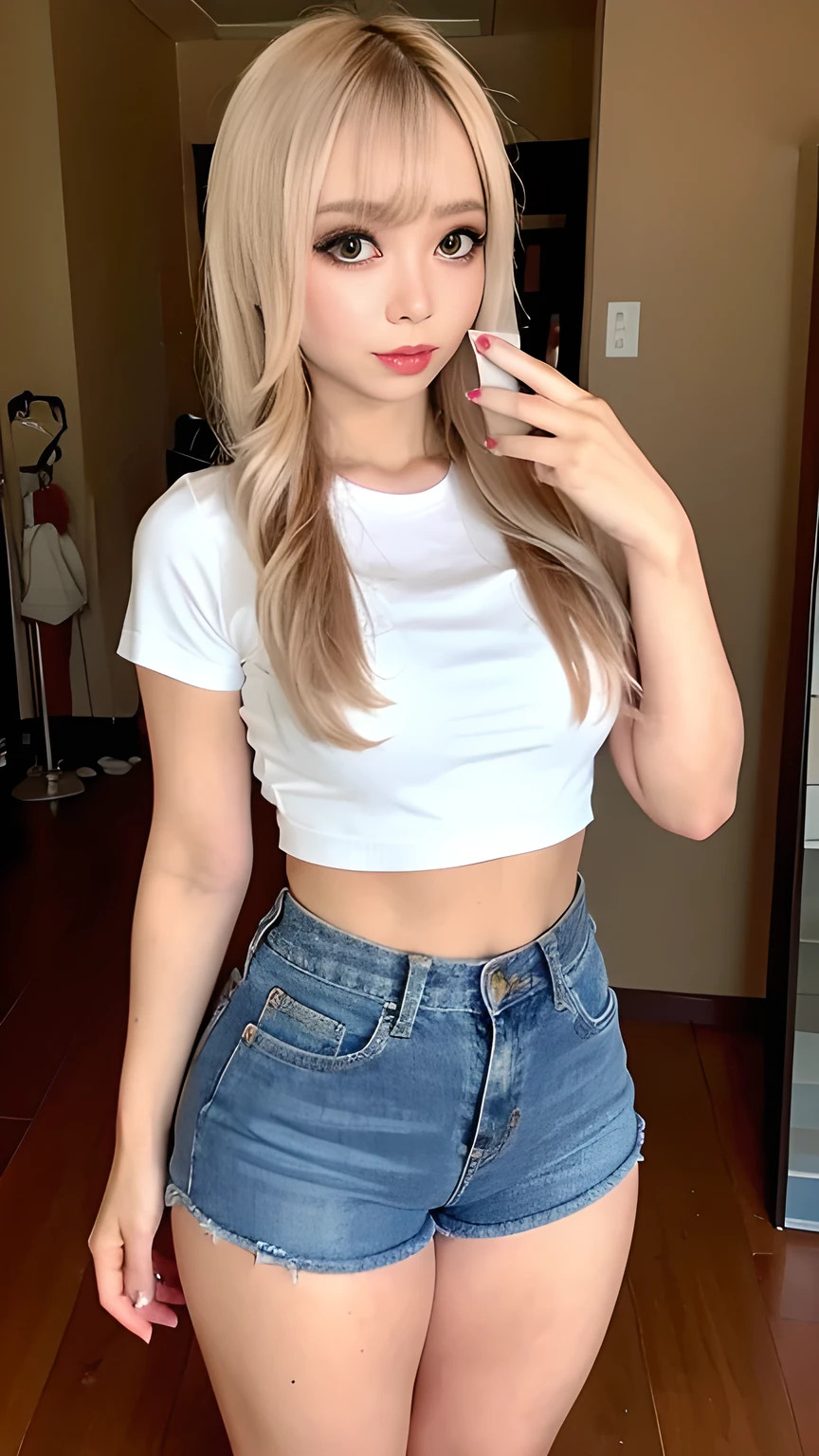 heavy makeup,blonde,Japanese,wearing a t-shirt,Wearing denim hot pants,small size shorts,Butt meat is protruding,Are standing,thick thighs,You can clearly see the bare legs,Chubby