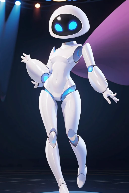 8k,4k,((Best quality, masterpiece, ultra high resolution)),((full body, by pixelsketcher)),  EVE,robot, breasts,humanoid robot, blue eyes, no mouth, white skin, ,screen face,featureless feet, flying, inside, spaceship,hands on hip