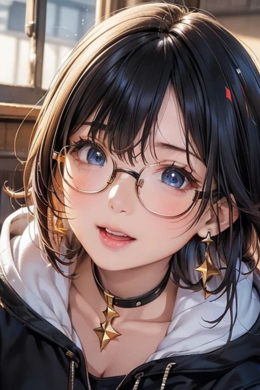 #Basic matters
(((One Girl, Baby Face, 16 years old))),
BREAK
#Clothing Accessories
((A thick hoodie with a black and red design + Black damaged jeans + sneakers)), ((Gold Necklace, Black earrings, Red-rimmed glasses:1.2)), (Chewing bubble gum:1.2)
BREAK
#Features
(Sky Blue Hair, (Bangs that expose the forehead:1.4), Long Hair, Wavy Hair, Hair blowing in the wind, Curly Hair),
(Droopy eyes,blue eyes),
(Small breasts),
BREAK
#expression
(Wicked Smile),
#background environment
((noon, Sunlit urban intersection, Signal)),
#CompositionWalking, Cowboy Shot BREAK
#Body parts elements
(Beautiful Hair,Shiny Hair),
(double eyelid, Long eyelashes),
(Expression of fine eyes, Beautiful and delicate eyes, Sparkling eyes, Eye Reflexes),
(Beautiful Nose, Thin Nose),
(Glossy lips, Beautiful Lips, Thick lips), (Symmetrical facial features),
(Detailed skin, Textured skin, Beautiful Skin),
BREAK
#Quality
(((highest quality)), ((masterpiece)), ((Very detailed))),
((High resolution), (16k,1080p)),
(Realistic), (Anatomically correct),
((comics, anime)), (3DCG), CG illustration,