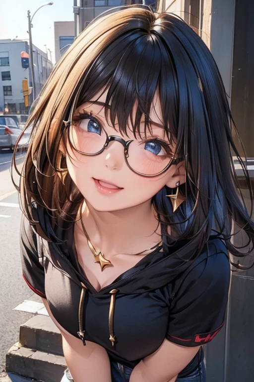 #Basic matters
(((One Girl, Baby Face, 16 years old))), 
BREAK 

#Clothing Accessories
((A thick hoodie with a black and red design + Black damaged jeans + sneakers)), ((Gold Necklace, Black earrings, Red-rimmed glasses:1.2)), (Chewing bubble gum:1.2)
BREAK 

#Features
(Sky Blue Hair, (Bangs that expose the forehead:1.4), Long Hair, Wavy Hair, Hair blowing in the wind, Curly Hair), 
(Droopy eyes,blue eyes), 
(Small breasts), 
BREAK 

#expression
(Wicked Smile), 

#background environment
((noon, Sunlit urban intersection, Signal)), 
#CompositionWalking, Cowboy Shot BREAK 

#Body parts elements
(Beautiful Hair,Shiny Hair), 
(double eyelid, Long eyelashes), 
(Expression of fine eyes, Beautiful and delicate eyes, Sparkling eyes, Eye Reflexes), 
(Beautiful Nose, Thin Nose), 
(Glossy lips, Beautiful Lips, Thick lips), (Symmetrical facial features), 
(Detailed skin, Textured skin, Beautiful Skin), 
BREAK 

#Quality
(((highest quality)), ((masterpiece)), ((Very detailed))), 
((High resolution), (16k,1080p)), 
(Realistic), (Anatomically correct), 
((comics, anime)), (3DCG), CG illustration,
