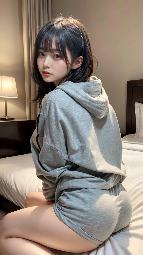 masterpiece, best quality, illustration, Super detailed, fine details, High resolution, 8K,wall paper, perfect dynamic composition,(Details High quality, realistic depiction of eyes:1.3), Oversized Light Grey Hoodie, Erotic Shorts, short bob hair、Lying down, black hair color, Big Natural Color Lip, bold sexy pose, (perfect body shape), crying a little、Harajuku style、20 year old girl、cute type、ta、beautiful legs, hotel room, hposing Gravure Idol, Voluptuous thighs, (woman on top, from behind, straddling, sitting, heart shaped pupils)
