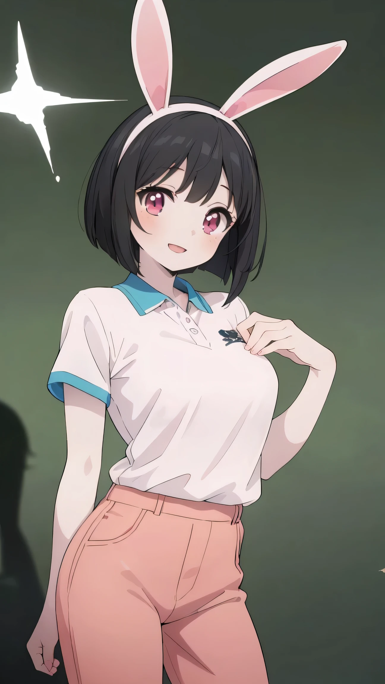(8k, RAW photo, best quality, masterpiece, highres, absurdres, ultra detailed:1.3), (Photography, realistic, photo-realistic:1.4), (beautiful natural lighting, beautiful deatailed shadow, beautiful detailed glow :1.4), atmospheric,
BREAK 1 beautiful horny girl,17 years old Girl,alone,(cute:1.5),(Chibi:0.8),(kawaii1.5),(Loli:1.2),(horny girl, cute, full of energy, change face,slightly swollen chest),(black hair, messy short bob, story me, pink eyes:1.55 ),(full of energy, goofy smile, bad face:1.2),(white bunny ears headband:1.2),(smile,shine tooth:1.45),
BREAK //Character
(Caregiver theme: 1.55), (pink polo shirt, black HEATTECH undershirt, black chinos: 1.6),(pale green background:1.6),
BREAK wakame,wakame,wakame,(cowboy shot, from front:1.4), BREAK manga illustration,manga style,