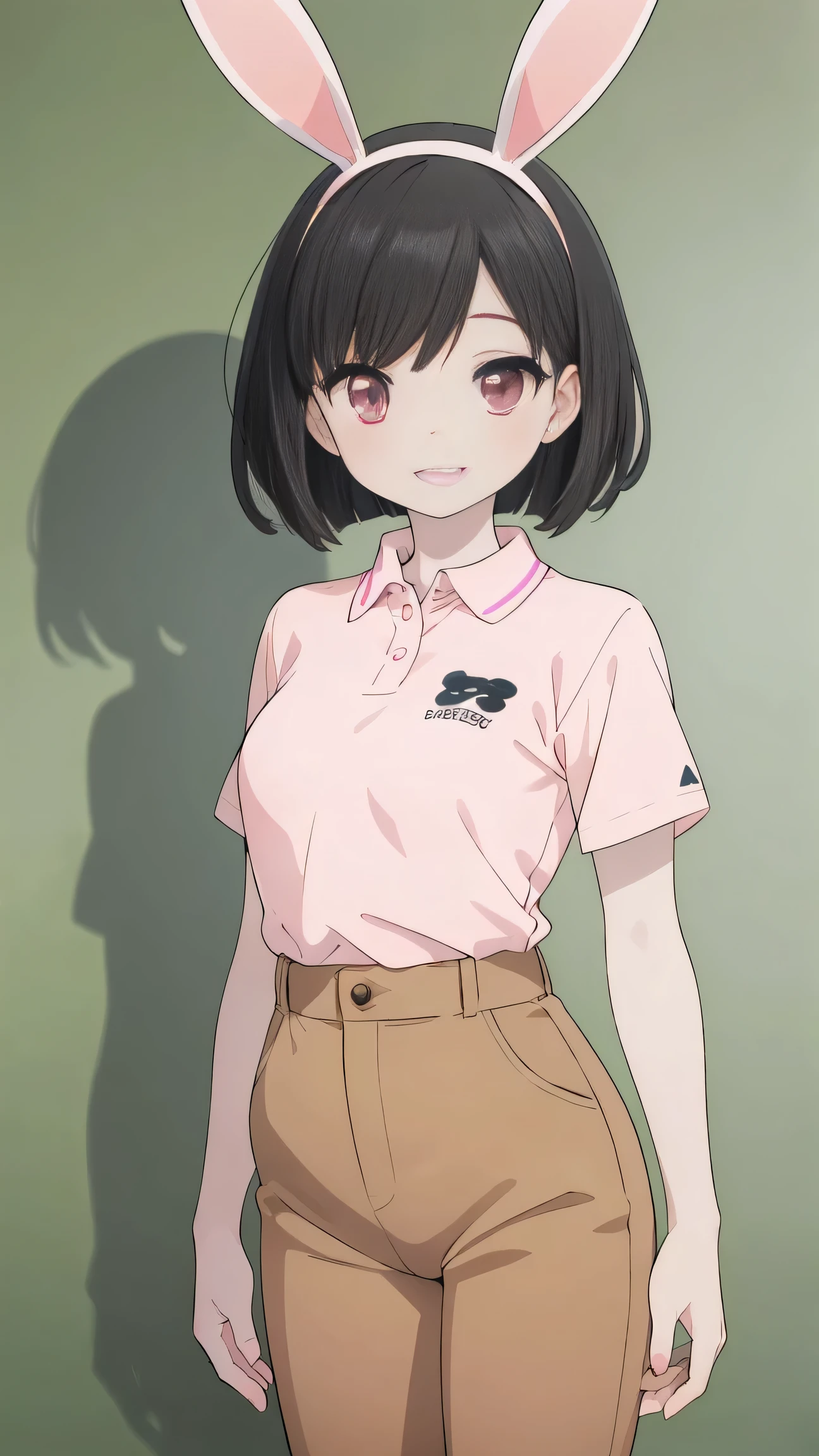 (8k, RAW photo, best quality, masterpiece, highres, absurdres, ultra detailed:1.3), (Photography, realistic, photo-realistic:1.4), (beautiful natural lighting, beautiful deatailed shadow, beautiful detailed glow :1.4), atmospheric,
BREAK 1 beautiful horny girl, Girl,alone,(cute:1.5),(Chibi:0.8),(kawaii1.5),(Loli:1.2),(h girl, cute, full of energy, change face,slightly swollen chest),(black hair, messy short bob, story me, pink eyes:1.55 ),(full of energy, goofy smile, bad face:1.2),(white bunny ears headband:1.2),(smile,shine tooth:1.45),
BREAK //Character
(Caregiver theme: 1.55), (pink polo shirt, black HEATTECH undershirt, black chinos: 1.6),(pale green background:1.6),
BREAK wakame,wakame,wakame,(cowboy shot, from front:1.4), BREAK manga illustration,manga style,