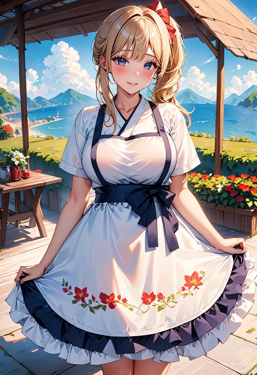 highest quality, Super detailed), (Ultra High Resolution 8K)), ((Apron Lift)), ((Naked Apron), Very shy girl, (Big Breasts), Show your underbelly, (Blushing, Embarrassing), Very hot day, Shade, Seduce, Professional photography techniques