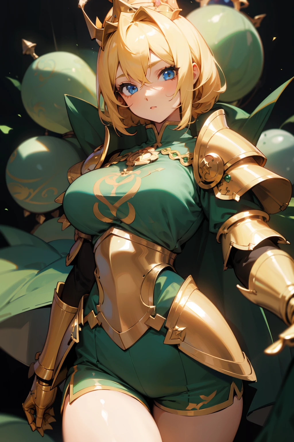 Girl, blonde hair, blue eyes, a strange crown with a shiny green stone, golden knight's armor embroidered with beautiful ornaments, big breasts, short pants