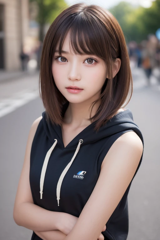 one girl, (a beauty girl, delicate girl:1.3), (:1.3),
break, (Sleeveless hoodie:1.3),
break, (Street view:1.3),
break, Definition of very fine particles, (Symmetrical eyes:1.3),
break, Small breasts, Brown eyes, Parted bangs, Brown Hair, girl,
break, (Eye and facial details:1.0), (Get closer to the face, Zoom in on face, Face Focus:1.0),
break, (masterpiece, highest quality, Very detailed, Detailed face, 8k)