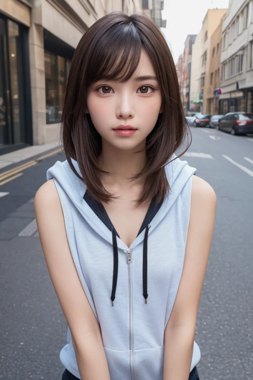 one girl, (a beauty girl, delicate girl:1.3), (10 :1.3),
break, (Sleeveless hoodie:1.3),
break, (Street view:1.3), 
break, Definition of very fine particles, (Symmetrical eyes:1.3),
break, Small breasts, Brown eyes, Parted bangs, Brown Hair,  girl,
break, (Eye and facial details:1.0), (Get closer to the face, Zoom in on face, Face Focus:1.0),
break, (masterpiece, highest quality, Very detailed, Detailed face, 8k)