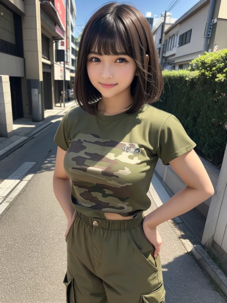 (8k, RAW Photos, highest quality, masterpiece:1.2), (Realistic, photo-Realistic:1.4), (Highly detailed 8k wallpaper), ((Full Body Shot)), (1 girl), Sharp focus, Depth of written boundary, Cinematic lighting, Soft Light, 緻密な美しさのeye, eye_Chan, Very beautiful 17 year old girl, innocent big eyes, Realistic, photo Realistic, Highly detailed cute girl, (Thin thighs), (Model Body Type), 18-year-old, (Camouflage T-shirt), (Khaki cargo long pants), (((Fold your arms in front of your chest and act arrogantly))), ((A happy smile)), Parted lips, Watching the audience, (On the streets of Tokyo) , (Brown Hair),（Short Bob Hair), (Asymmetrical bangs)