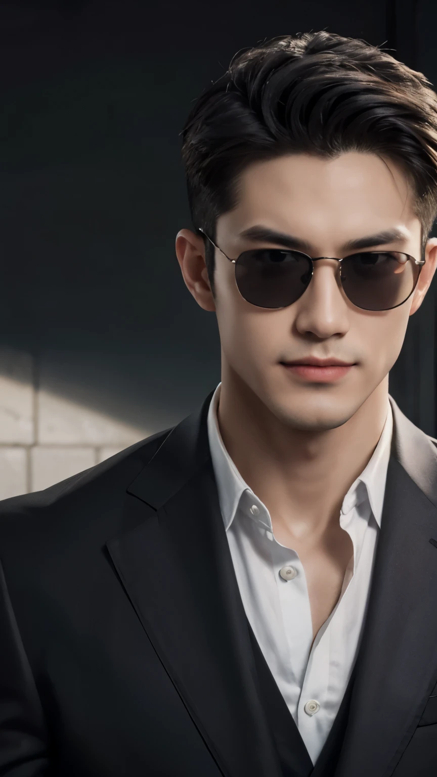 (Men)), (head shot), (front view), (half body view), (Handsome muscular man in his 30s wearing black pilot sunglasses, and luxury black suit), zi wang (Prince chiu), Mischievous smile, (detail: 1 in 1), Natural muscles, HIG quality, beautiful eyes, (Detailed face and eyes), (Face、: 1 / 2), fresh lips, Noise, Real Photographics, ... ...................................................................................................PSD, Sharp Focus, High resolution (8K), realistic & Professional Photography, 8K UHD, Soft lighting, High quality, Film grain, FujifilmXT3