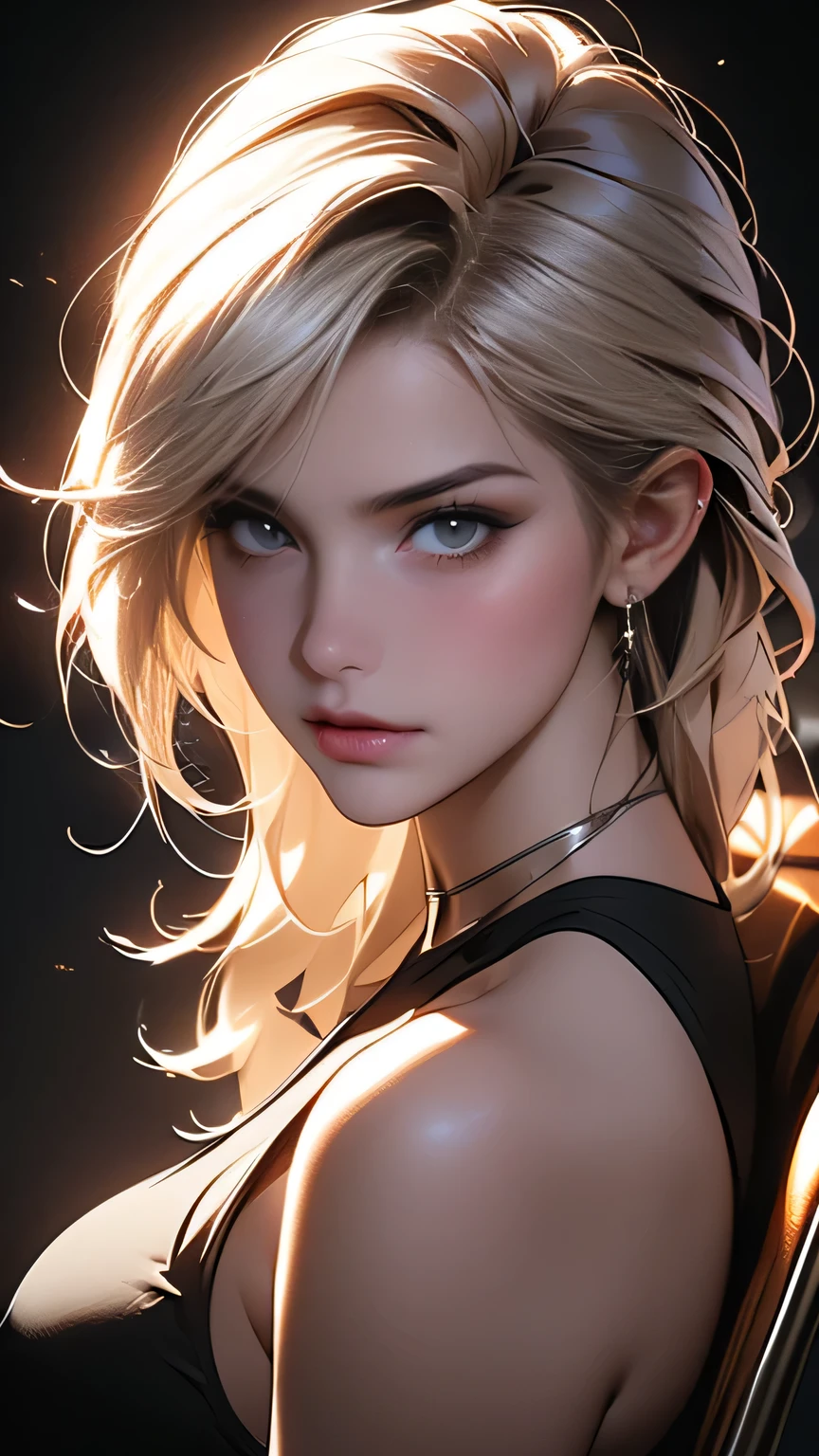 A woman wearing a semi-bikini set, Black and white bikini set, (((Bold pose using a chair))), ((Micro Panties)), Camel Toe, Blonde Short Hair, (front:1.5), (From below), (Beautifully detailed eyes), (Beautifully detailed face), (Very detailedな顔), ((Very detailed hand drawing:1.5)), ((Thick thighs)), (Beautiful body), (Wall thickness), (Pin spot on black background), (Gentle light), (Written boundary depth), (Very detailed), (Realistic))), 8k, wallpaper, masterpiece, 最high quality, high quality, High resolution、sexy, ((Face close-up))