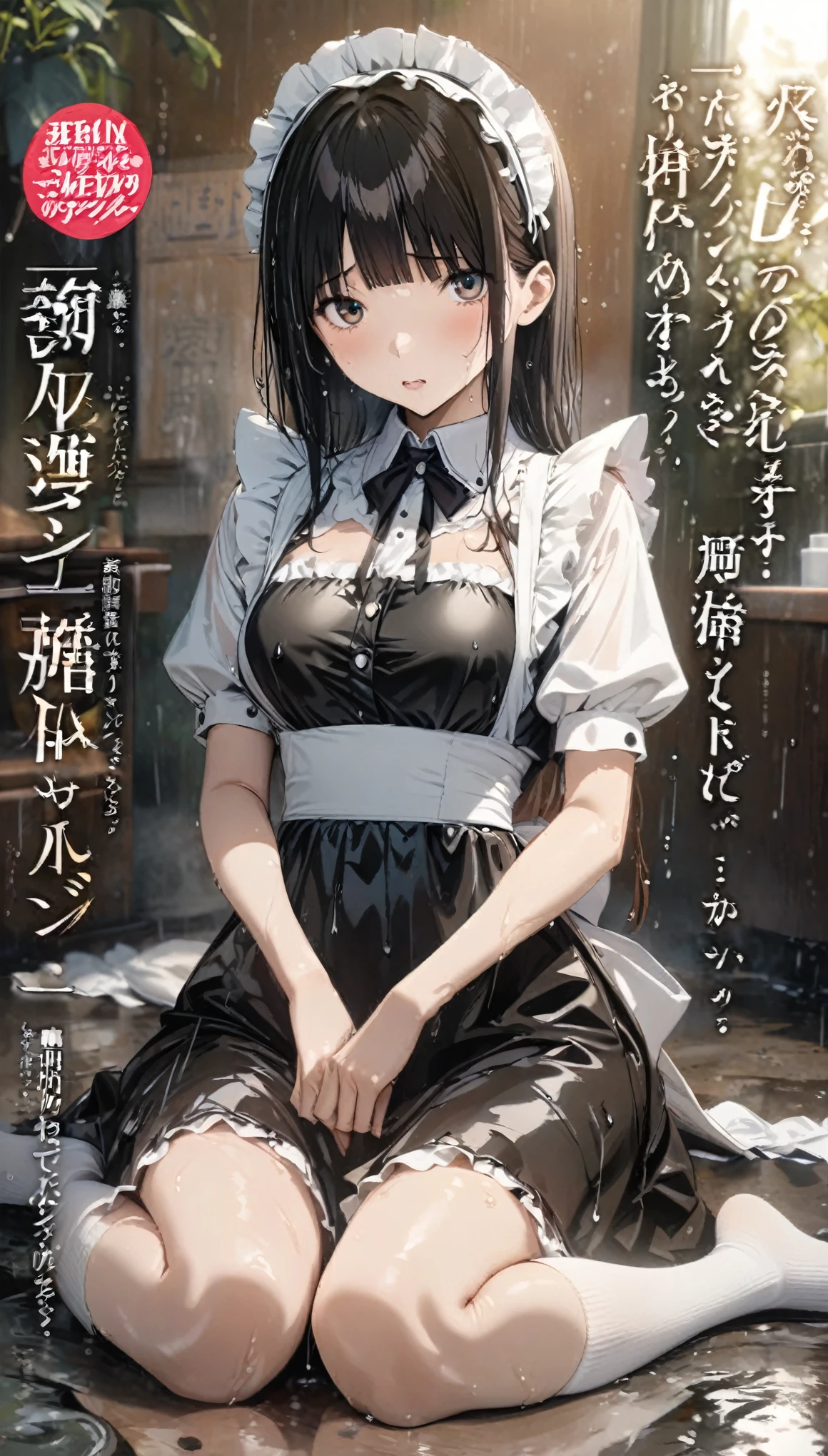 Magazine cover(masterpiece, best quality:1.2),Maid，（（（The eyes are delicate）））Whole body wet（（Wet maid clothes））Socks，Wet floor，rain（8K）（HD）