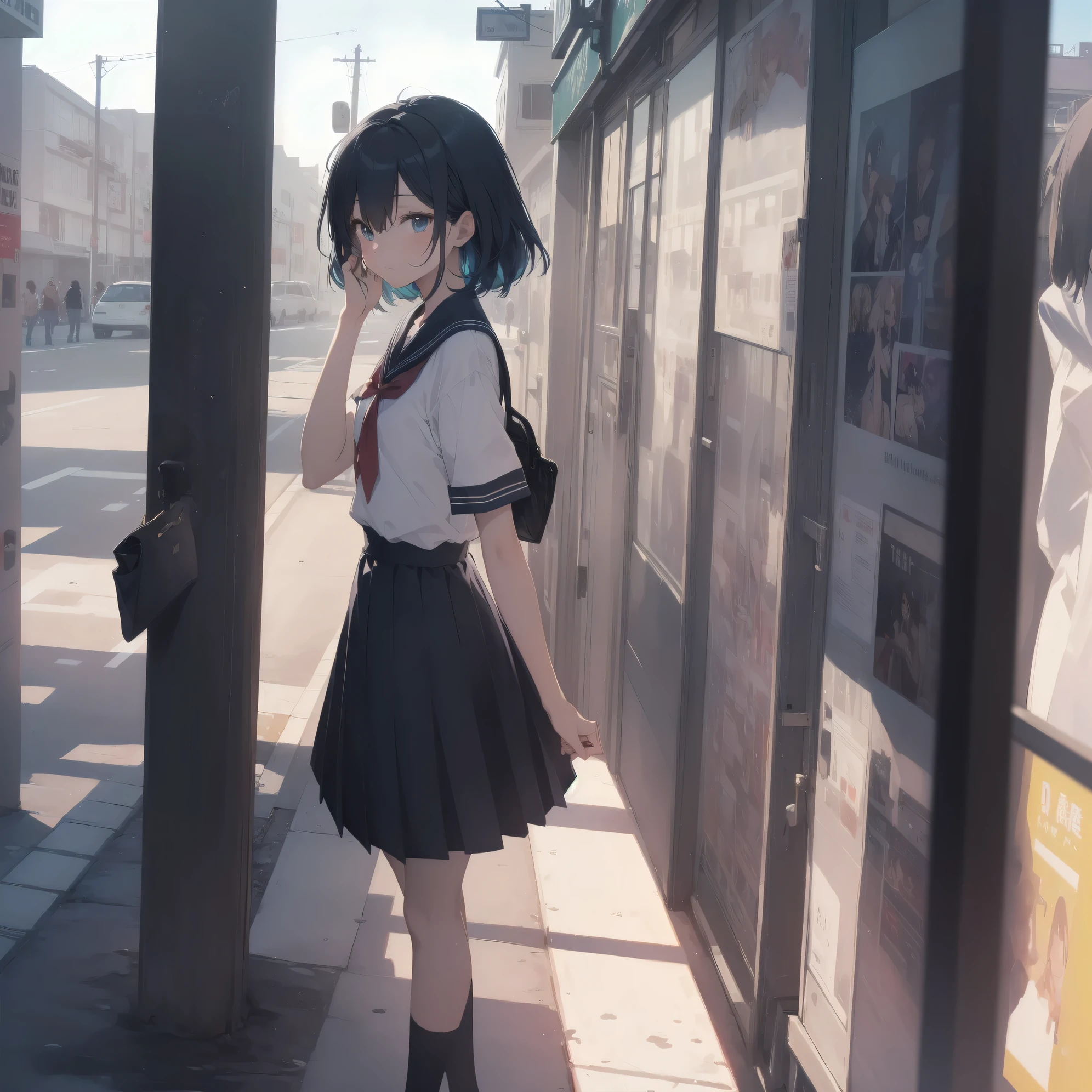 ultra-absurdres-Top quality by artist God, ultra-detailed, high resolution, anime moe artstyle, best anime 8k konachan wallpaper, pixiv contest winner, pool:2810, perfect anatomy,break, 1girl, (Please draw a girl walking sleepily to school alone. )break,(Solo,little female, 13-year-old:1.3),Full limbs, complete fingers,a junior high school student, (very short hair), short cut, flat chest, , small butt, small black eyes, beautiful detailed eyes, well-proportioned iris and pupils, expressive eyes, highres detailed hair, soft expression, salor school_uniform, sailor collar, serahuku, bow, pleated skirt,(Detailed Lighting), (Detailed background), in the School commute route. break,super detailed skin, Best cinematic lighting powered by famous artist, 8k,beauty illustration,photoshop_(medium),very aesthetic,break,((artist:sayori_(neko_works) )), artist:clamp ,artist:carnelian ,artist:kantoku ,