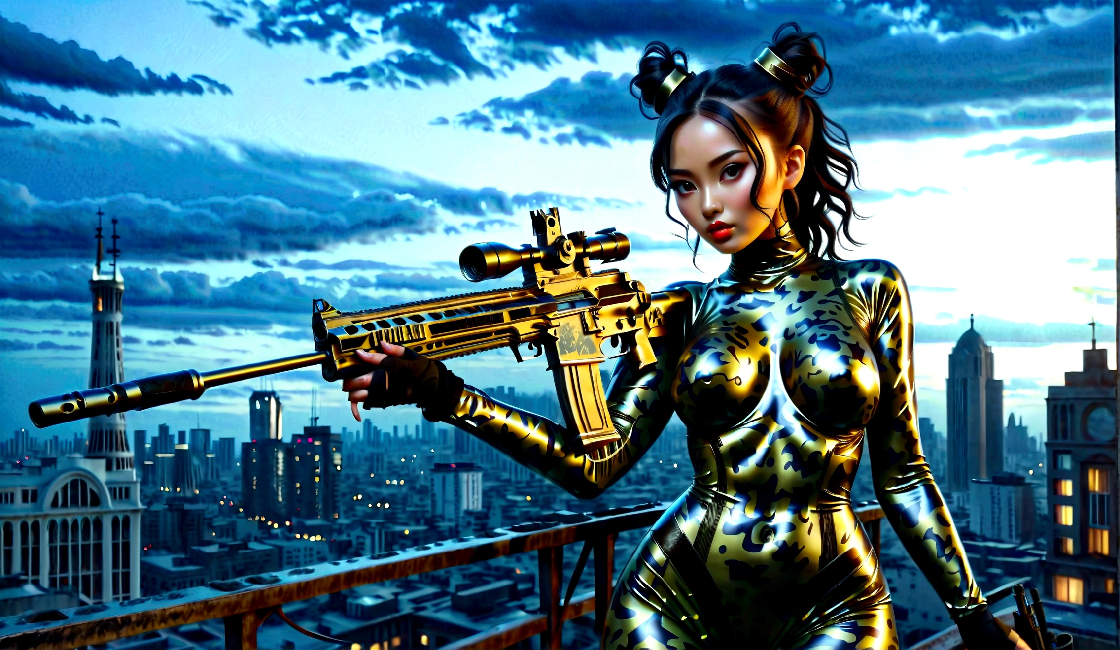 Beautiful Asian woman, large breasts, black hair slicked back in a two-bun hairstyle, wearing a (night camo:1.4) latex bodysuit and (night camo makeu:1.4), holding an assault rifle, on the roof of a high-rise building, against a night cityscape, dark background, full body portrait, master of calligraphy, immortal, (highest quality, 4k, 8k, high resolution, masterpiece: 1.2), ultra-detailed, (realistic, photorealistic, photorealistic: 1.37), HDR, studio lighting, extremely detailed, vibrant colors, cinematic lighting