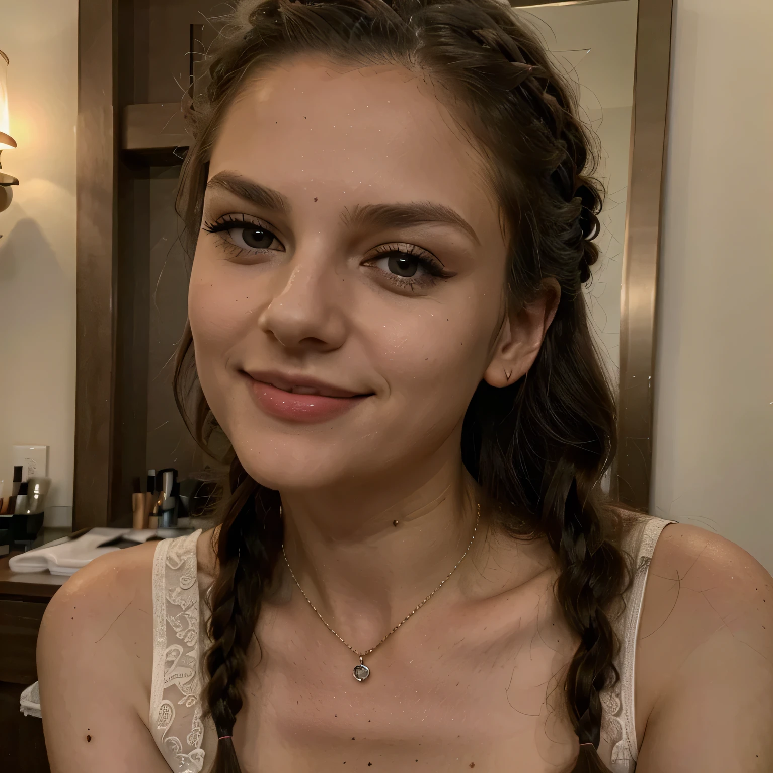sehr, sehr, very sexy girl with long, braided hair and detailed facial features. Her seductive smile reveals perfectly formed, seductive eyes, dezent akzentuiert durch leichtes Make-up. She is Nagt and wears elegant jewelry, inklusive schillernder Halskette und funkelnden Ohrringen. This full body shot captures every detail of her enchanting beauty.