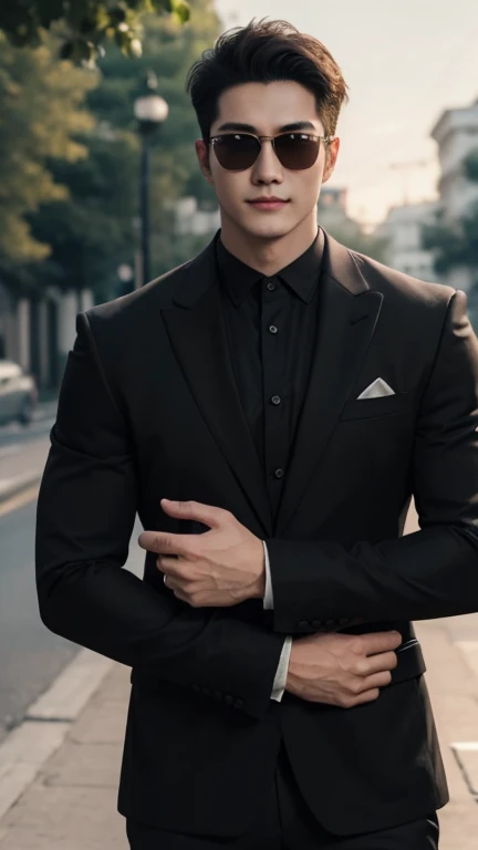 (Men)), (head shot), (front view), (half body view), (Handsome muscular man in his 30s wearing black pilot sunglasses, and luxury black suit), zi wang (Prince chiu), angry smile, (detail: 1 in 1), Natural muscles, HIG quality, beautiful eyes, (Detailed face and eyes), (Face、: 1 / 2), fresh lips, Noise, Real Photographics, ... ...................................................................................................PSD, Sharp Focus, High resolution (8K), realistic & Professional Photography, 8K UHD, Soft lighting, High quality, Film grain, FujifilmXT3