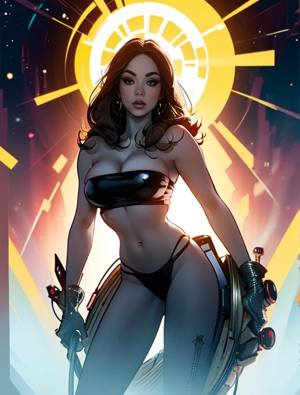 Anitta em painel de quadrinhos, corpo todo, bold lineart illustration comics, olhos sedutores, parted lips, Corpo perfeito, curved, bunda grande, sexy pele bronzeada, mais alta qualidade, corpo todo, [olhos azuis], cabelo preto, pele bronzeada, gargantilha preta BREAK solo, standing, Corpo perfeito, vestindo uma armadura cyberpunk branca, cyborg parts, QUEBRAR fundo branco ((top de renda branca)), ((tanga de renda prateada)) (((Olhos detalhados ultra realistas))), suado , modelo fotografar pose, textura ultra-pele, ((detalhes ultra-pele)), skin imperfections, detalhes intrincados, Vista traseira ( in the dark background of sci-fi spaceship interstellar space)