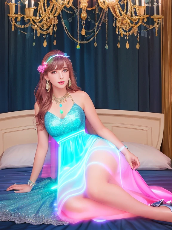 male crossdressing wear long dress, smooth,Wear evening gown,alice bluedress, ((glow dress:1.5))sequin evening dress,dress dress,silk scarf,lace dress(Premium lace details:1.1)alice blue,High heel,livestock,Wear jewelry,ear ring,necklace,bracele,, male body, mature male, on bed, bedroom, pink lips, night, sleep,