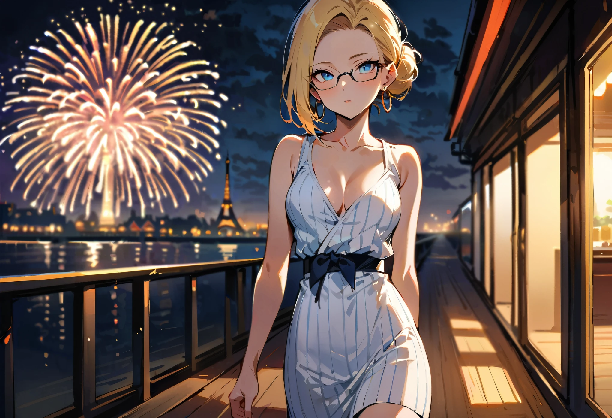 (masterpiece, best quality:1.2), solo, Android 18 from Dragon Ball, white yukata, stripe, Japanese sandals, small breasts, blonde hair, (single hair bun), ((blue eyes)), ((wearing glasses)), earrings on earlobes, slender feminine figure, narrow waistline, skinny body, head tilt, light blush, arms behind back, walking, the Eiffel Tower, riverside, natural lighting and shadows, night, firework, a bit of cleavage, sleeveless, magnificent view, blur background, 4K