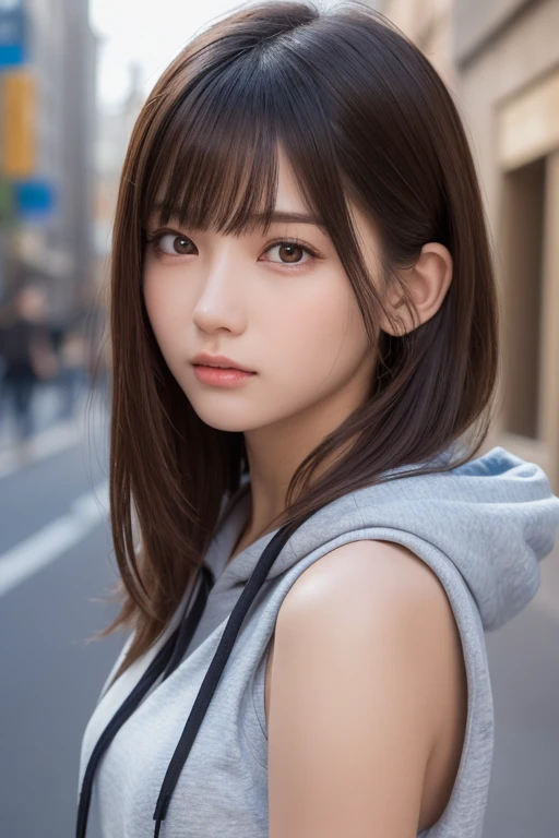 one girl, (a beauty girl, delicate girl:1.3), (16 years old:1.3),
break, (Sleeveless hoodie:1.3),
break, (Street view:1.3), 
break, Definition of very fine particles, (Symmetrical eyes:1.3),
break, Small breasts, Brown eyes, Parted bangs, Brown Hair,  girl,
break, (Eye and facial details:1.0), (Get closer to the face, Zoom in on face, Face Focus:1.0),
break, (masterpiece, highest quality, Very detailed, Detailed face, 8k)