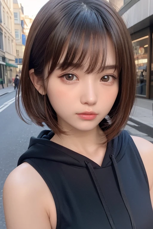 one girl, (a beauty girl, delicate girl:1.3), (:1.3),
break, (Sleeveless hoodie:1.3),
break, (Street view:1.3),
break, Definition of very fine particles, (Symmetrical eyes:1.3),
break, Small breasts, Brown eyes, Parted bangs, Brown Hair, girl,
break, (Eye and facial details:1.0), (Get closer to the face, Zoom in on face, Face Focus:1.0),
break, (masterpiece, highest quality, Very detailed, Detailed face, 8k)