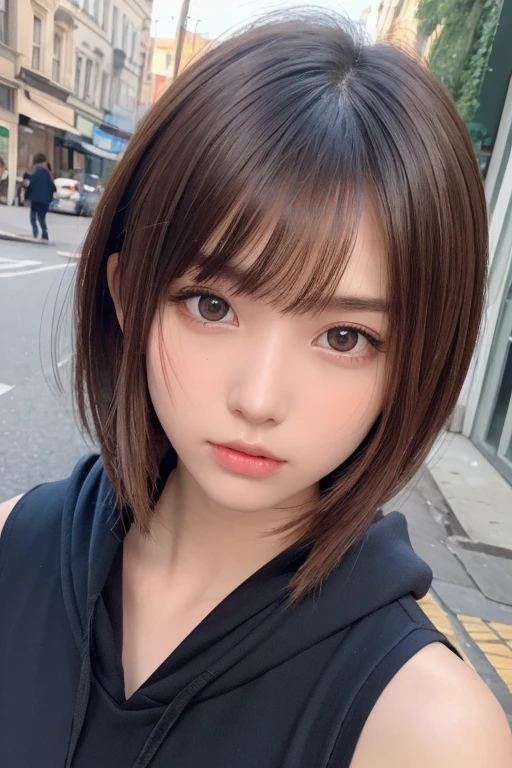 one girl, (a beauty girl, delicate girl:1.3), (16 years old:1.3),
break, (Sleeveless hoodie:1.3),
break, (Street view:1.3),
break, Definition of very fine particles, (Symmetrical eyes:1.3),
break, Small breasts, Brown eyes, Parted bangs, Brown Hair, girl,
break, (Eye and facial details:1.0), (Get closer to the face, Zoom in on face, Face Focus:1.0),
break, (masterpiece, highest quality, Very detailed, Detailed face, 8k)