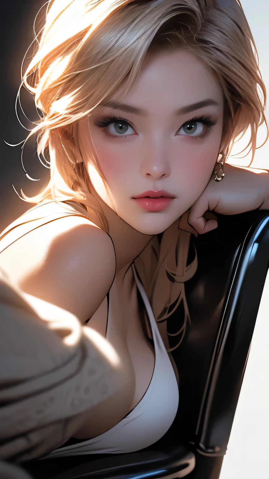 A woman wearing a semi-bikini set, Black and white bikini set, (((Bold pose using a chair))), ((Micro Panties)), Camel Toe, Blonde Short Hair, (front:1.5), (From below), (Beautifully detailed eyes), (Beautifully detailed face), (Very detailedな顔), ((Very detailed hand drawing:1.5)), ((Thick thighs)), (Beautiful body), (Wall thickness), (Pin spot on black background), (Gentle light), (Written boundary depth), (Very detailed), (Realistic))), 8k, wallpaper, masterpiece, 最high quality, high quality, High resolution､sexy, ((Face close-up))