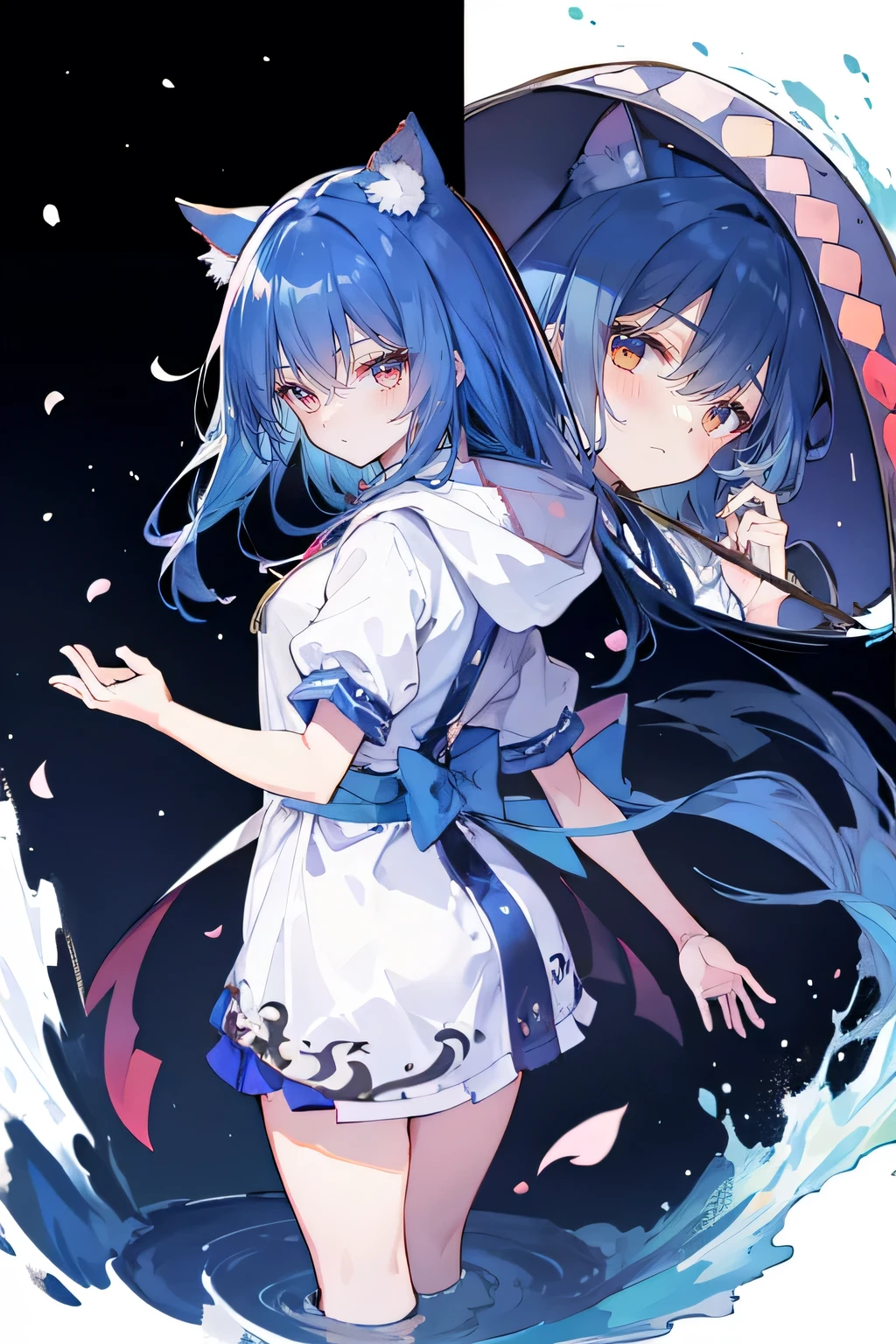 (masterpiece:1.2),Super detailed,lifelike,Expressive eyes,fair skin,perfect face shape,1 girl,
Japanese comics,Gorgeous blue hair,flowing blue hair,flowing clothes,Cat ears,Petals fall,beautiful lola,Baby Angel,
Shaking head with one hand,Cross your legs,Gentle and peaceful background,The pavilion is cool and comfortable,smile, wearing hoodie, background of tokyo,back views,snowing, winter,lie on the water.