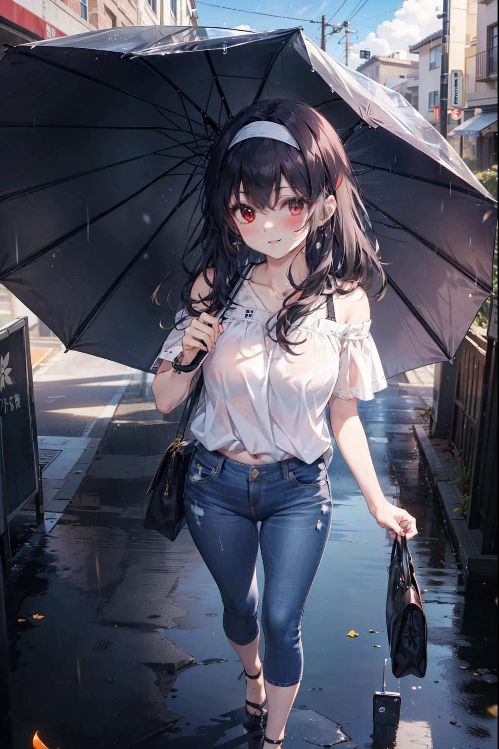 For profit, utaha kasumigaoka, Black Hair, hair band, Long Hair, (Red eyes:1.5), blush,blush,happy smile, smile, Open your mouth,whole bodyがイラストに入るように,Looking down from above,Cold shoulder tops,Short sleeve,Skinny jeans,Stiletto heels,walking,Cloudy,rain,black umbrella,black umbrellaのグリップを持っている,whole bodyがイラストに入るように,
break looking at viewer,whole body,
break outdoors, Building district,
break (masterpiece:1.2), highest quality, High resolution, unity 8k wallpaper, (figure:0.8), (Beautiful fine details:1.6), Highly detailed face, Perfect lighting, Highly detailed CG, (Perfect hands, Perfect Anatomy),