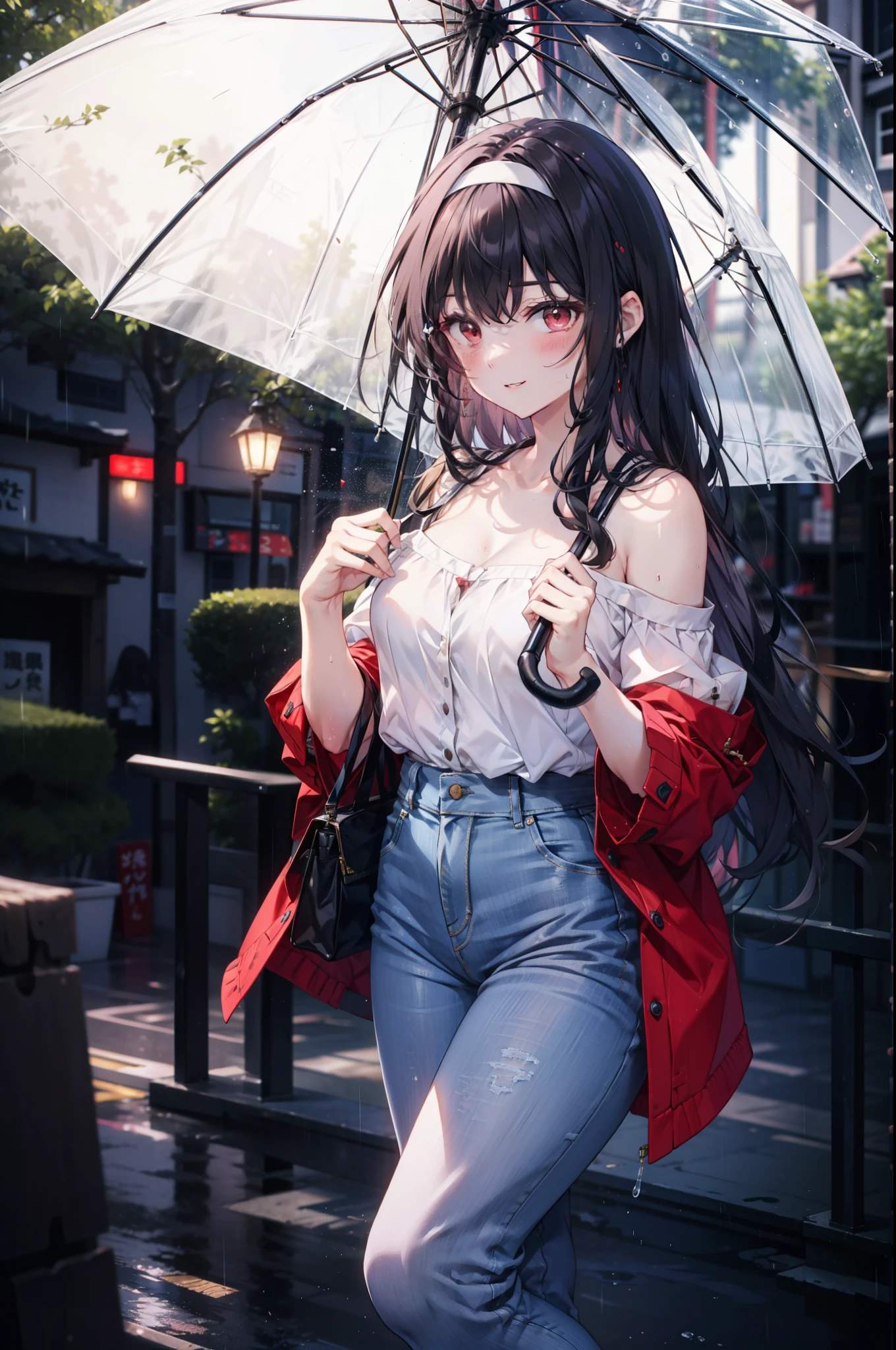 For profit, utaha kasumigaoka, Black Hair, hair band, Long Hair, (Red eyes:1.5), blush,blush,happy smile, smile, Open your mouth,whole bodyがイラストに入るように,Looking down from above,Cold shoulder tops,Short sleeve,Skinny jeans,Stiletto heels,walking,Cloudy,rain,black umbrella,black umbrellaのグリップを持っている,whole bodyがイラストに入るように,
break looking at viewer,whole body,
break outdoors, Building district,
break (masterpiece:1.2), highest quality, High resolution, unity 8k wallpaper, (figure:0.8), (Beautiful fine details:1.6), Highly detailed face, Perfect lighting, Highly detailed CG, (Perfect hands, Perfect Anatomy),