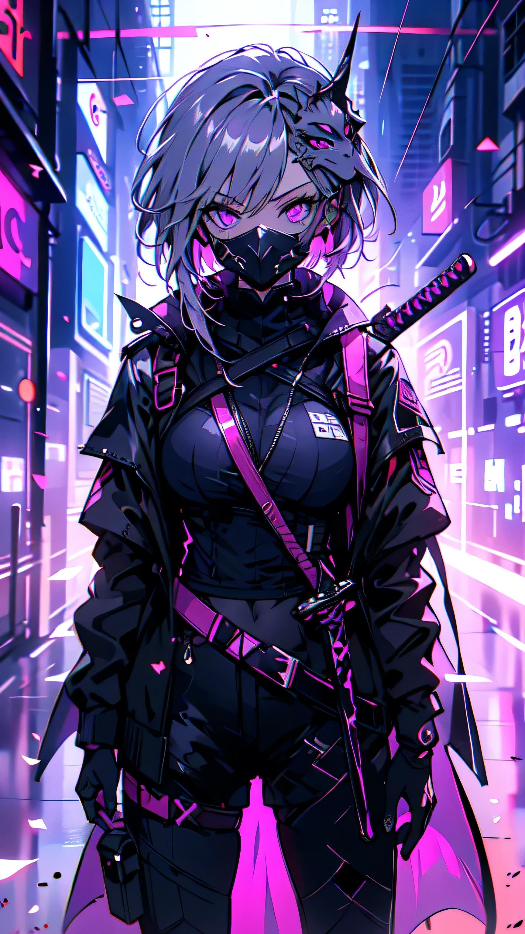 1 anime girl with big purple katana sword and a purple cape and partial demonic mask, badass anime 8 k, from girls frontline, best anime 4k konachan wallpaper, girls frontline style, anime style 4 k, fine details. girls frontline, azur lane style, digital cyberpunk anime art, female action anime girl, from arknights, anime art wallpaper 8 k, anime art wallpaper 4k,same background, more details,same character, same clothes, different sword, same pose,partial devil's mask, colorful, glowing skin, glowing color, Tyrannical goddes, Tyrannical empress, Tyrannical purple dragon, Shadow dragon, silver hair, purple color