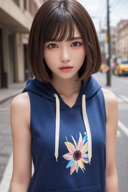 one girl, (a beauty girl, delicate girl:1.3), (:1.3),
break, (Sleeveless colorful hoodie:1.3),
break, (Street view:1.3), 
break, Definition of very fine particles, (Symmetrical eyes:1.3),
break, Small breasts, Brown eyes, Parted bangs, Brown Hair,  girl,
break, (Eye and facial details:1.0), (Get closer to the face, Zoom in on face, Face Focus:1.0),
break, (masterpiece, highest quality, Very detailed, Detailed face, 8k)