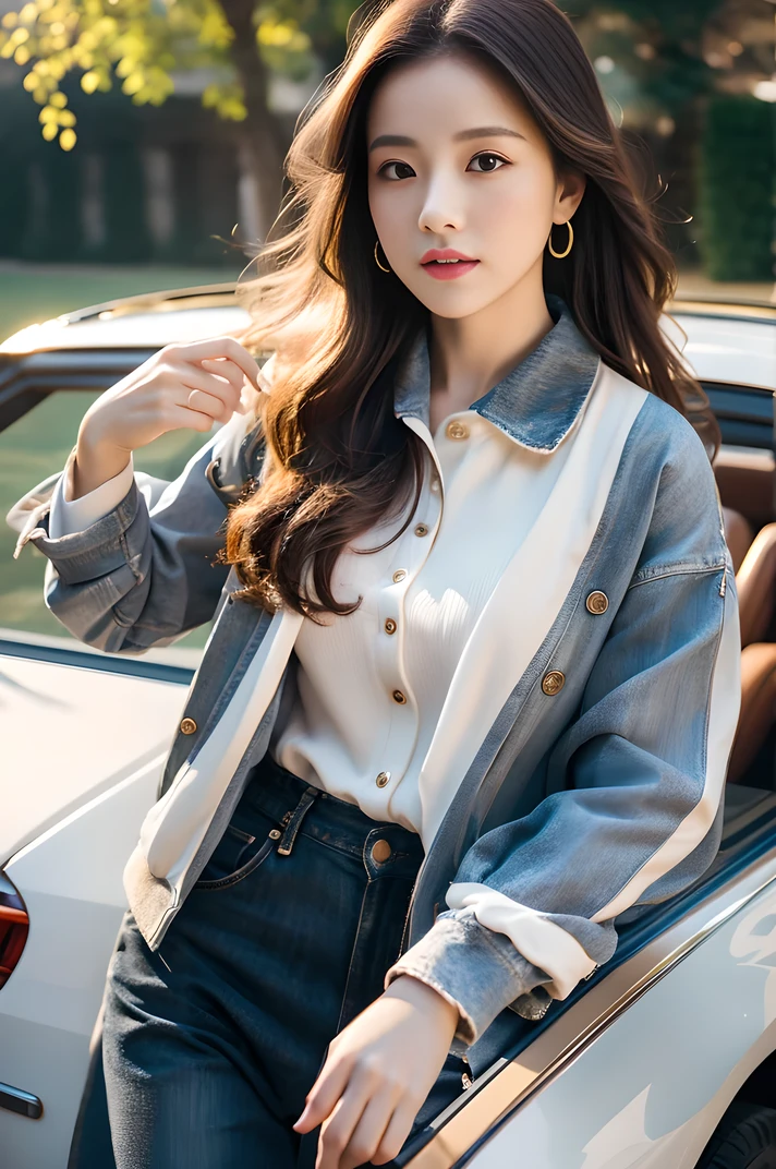 High resolution、30-year-old woman、Wearing a jacket、1girl、outside、car、Finish as shown in the picture、Her skin is white and beautiful、Colored inside、Professional photography、Photorealistic、Professional Lighting、masterpiece、Very delicate and beautiful、