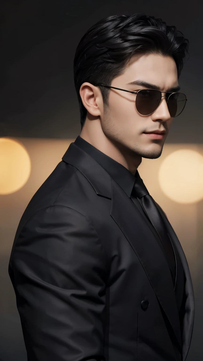 (Men)), (head shot), (front view), (half body view), (Handsome muscular man in his 30s wearing black pilot sunglasses, and luxury black suit), zi wang (Prince chiu), angry smile, (detail: 1 in 1), Natural muscles, HIG quality, beautiful eyes, (Detailed face and eyes), (Face、: 1 / 2), fresh lips, Noise, Real Photographics, ... ...................................................................................................PSD, Sharp Focus, High resolution (8K), realistic & Professional Photography, 8K UHD, Soft lighting, High quality, Film grain, FujifilmXT3