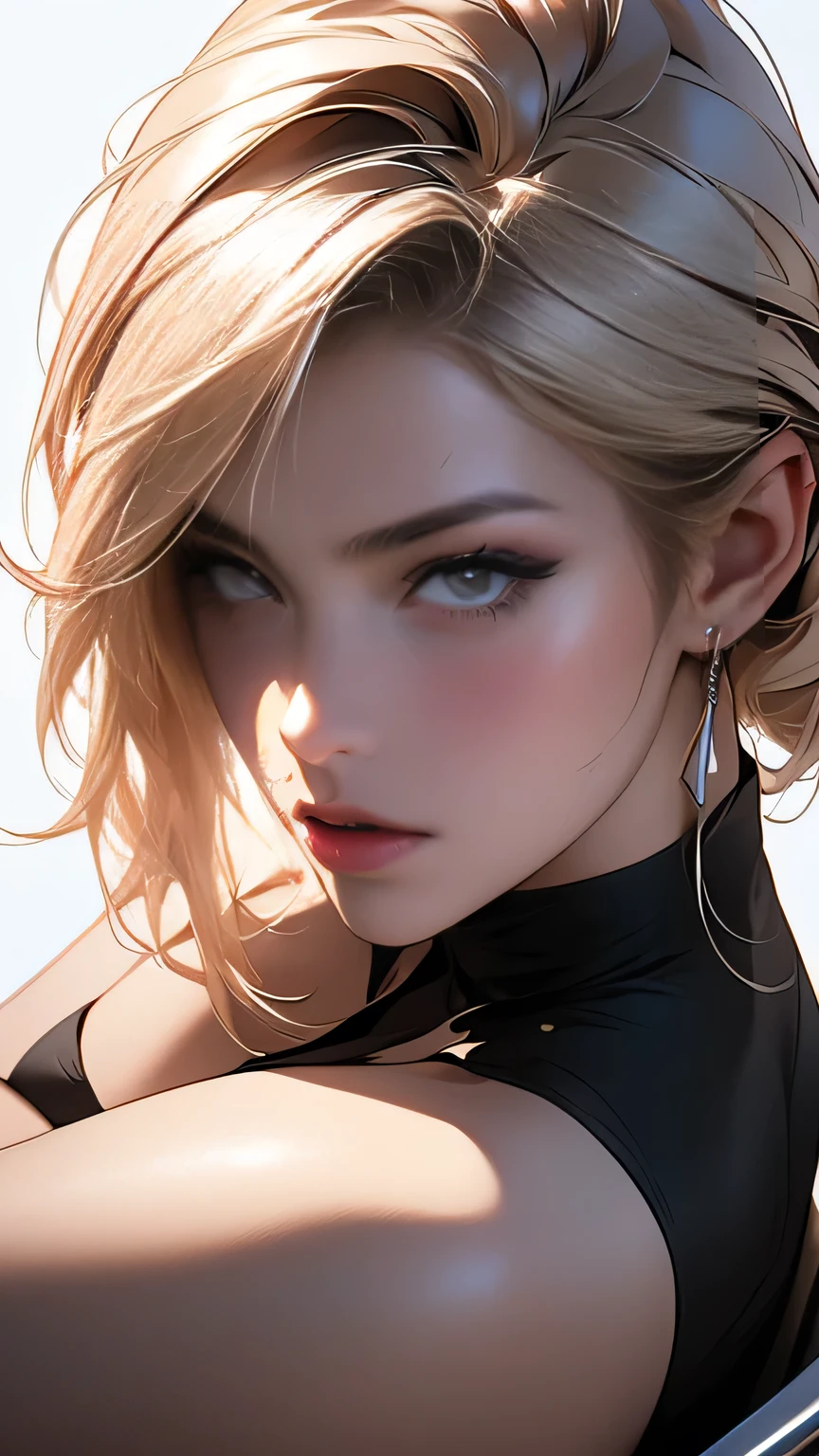 A woman wearing a semi-bikini set, Black and white bikini set, (((Bold pose using a chair))), ((Micro Panties)), Camel Toe, Blonde Short Hair, (front:1.5), (From below), (Beautifully detailed eyes), (Beautifully detailed face), (Very detailedな顔), ((Very detailed hand drawing:1.5)), ((Thick thighs)), (Beautiful body), (Wall thickness), (Pin spot on black background), (Gentle light), (Written boundary depth), (Very detailed), (Realistic))), 8k, wallpaper, masterpiece, 最high quality, high quality, High resolution、sexy, ((Face close-up))