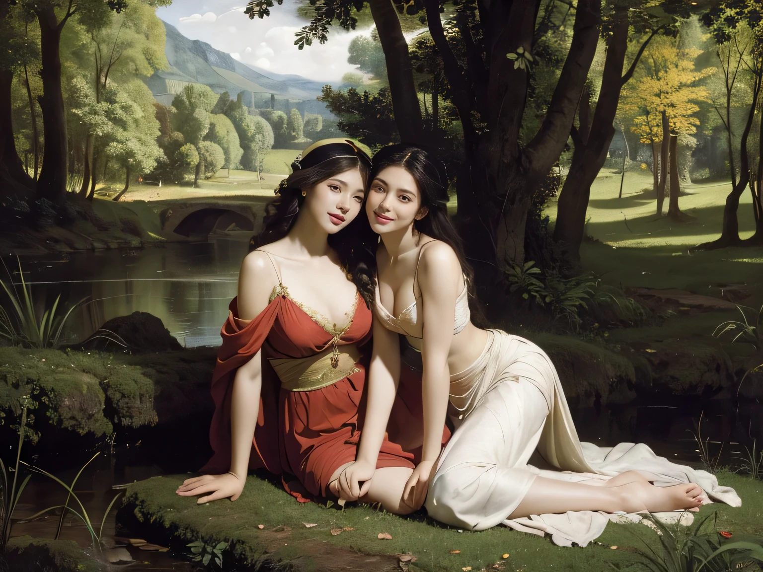 Giorgione painting style,Barbizon forest A beautiful woman in Greek dress smiles on the shore,Sweet and seductive appearance.、Caravaggio's paintings、Chiaroscuro of Caravaggio、hair tousled by the wind,Two women frolicking,cute smile, expression of ecstasy,Sexy,erotic, full body portrait