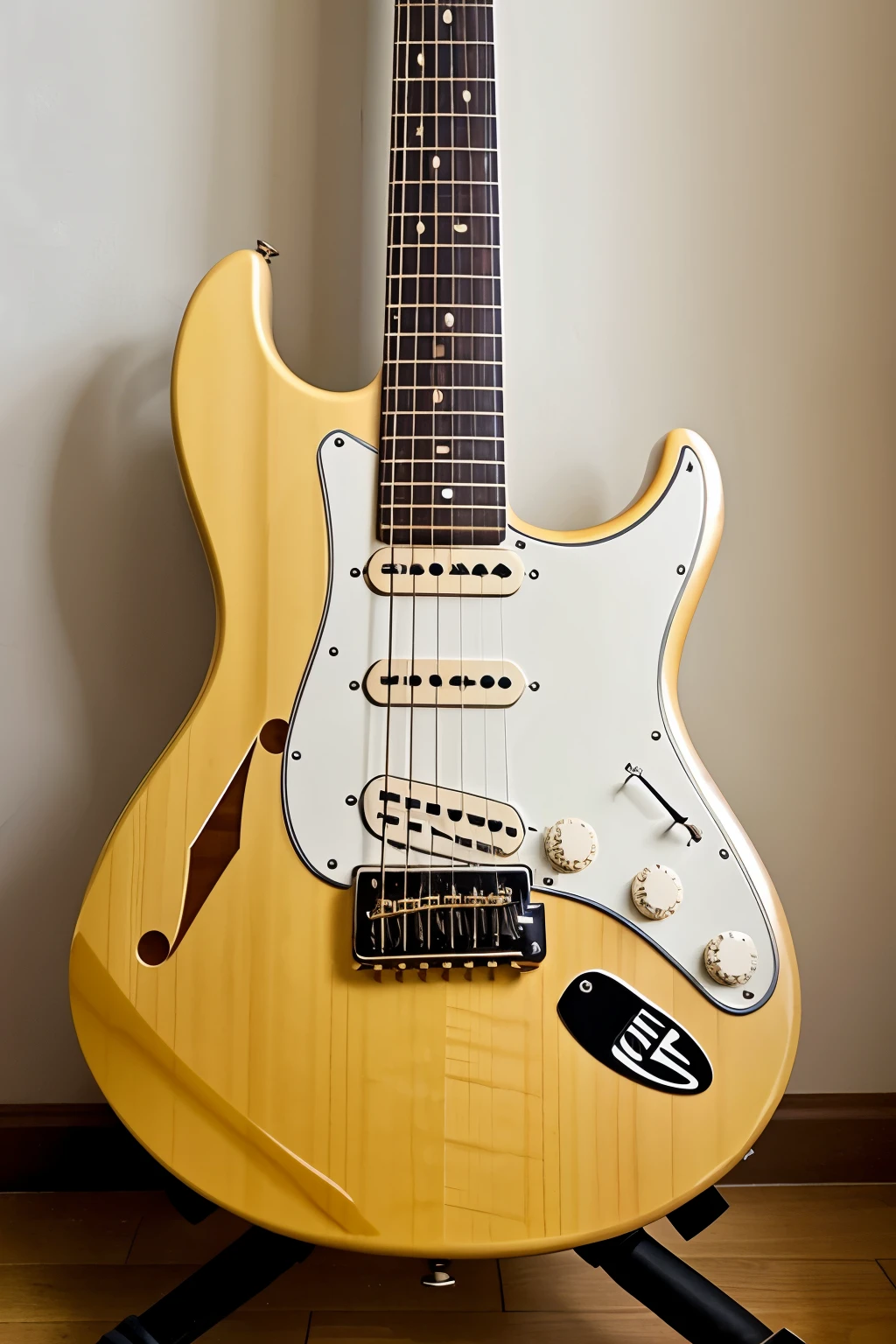 An electric guitar with musical notes and the initials Antolino below