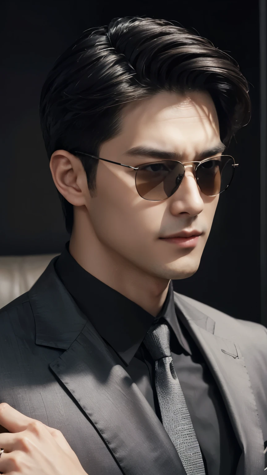 (Men)), (head shot), (front view), (half body view), (Handsome muscular man in his 30s wearing black pilot sunglasses, and luxury black suit), zi wang (Prince chiu), angry smile, (detail: 1 in 1), Natural muscles, HIG quality, beautiful eyes, (Detailed face and eyes), (Face、: 1 / 2), fresh lips, Noise, Real Photographics, ... ...................................................................................................PSD, Sharp Focus, High resolution (8K), realistic & Professional Photography, 8K UHD, Soft lighting, High quality, Film grain, FujifilmXT3