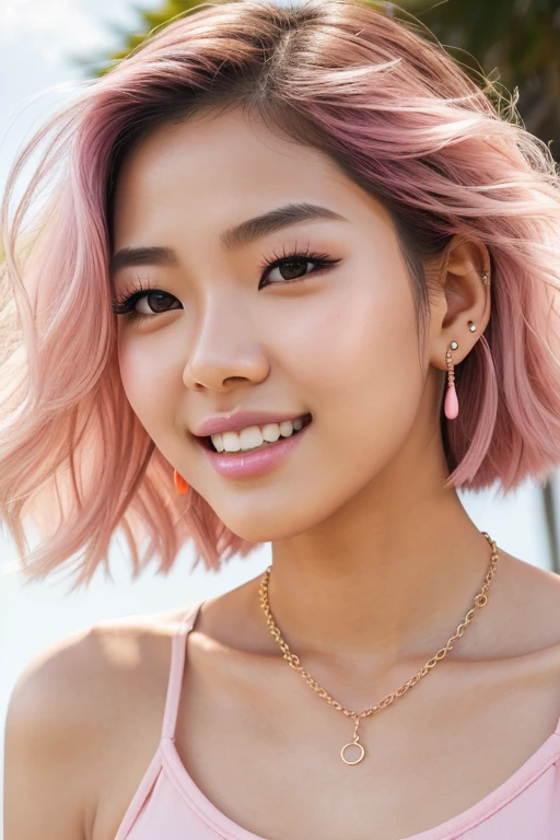 1 girl, Korean model, extremely beautiful, perfect body, tank top, jeans, necklace, earrings, bracelet, masterpiece, 8K, lifelike. Glossy pink lips, pink eyeshadow, eyelashes, blush, cosmetics, bright white skin, detailed pores, shiny skin, shiny skin. Her hair is pink, long and smooth, blowing in the wind ((floating)) under the bright sunlight. Close-up photo of the girl, sharp and highest contrast. Bright smile, pure white teeth, details.