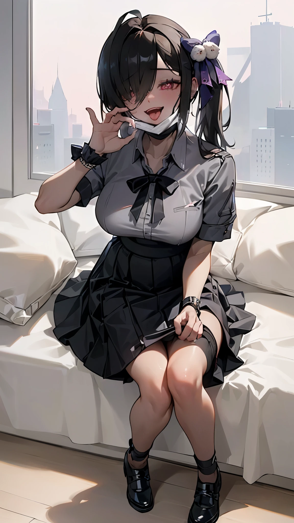  ((((Open your mouth))))、(masterpiece,Realistic depiction、highest quality,High resolution, Top-of-the-line specifications、Very detailed,bb Festival),skinny,Ahoge,Black Hair,(((((  Captivating smile ))))),skinny,Hair between the eyes,bangs,Hair Dark Brown Skin、Ribbon,Black Choker,Earrings,Black Ribbon,pleats shirt,Grey Shirt,shoulder cutout,Short sleeve,See-through sleeves,Black Skirt,High Waist Skirt,(((( Perfect Fingers )))) ,  shoes,(black shoes:1.4),Race trim,shoes,Black footwear,indoor,(sexy bed:1.2),((Heart-shaped pupils:1.3, Blowjob Gestures:1.5))、Open your mouth ,Sitting, bed ,Heavy breathing ,Hand in front of your mouth,Hand in front of mouth, manga,text,magazine、(Black medical mask pull:1.5, Dark Room:1.5, Dim lighting:1.5)、Sharp Eye