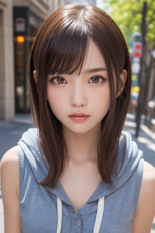 one girl, (a beauty girl, delicate girl:1.3), (10 years old:1.3),
break, (Sleeveless hoodie:1.3),
break, (Street view:1.3),
break, Definition of very fine particles, (Symmetrical eyes:1.3),
break, Small breasts, Brown eyes, Parted bangs, Brown Hair, girl,
break, (Eye and facial details:1.0), (Get closer to the face, Zoom in on face, Face Focus:1.0),
break, (masterpiece, highest quality, Very detailed, Detailed face, 8k)