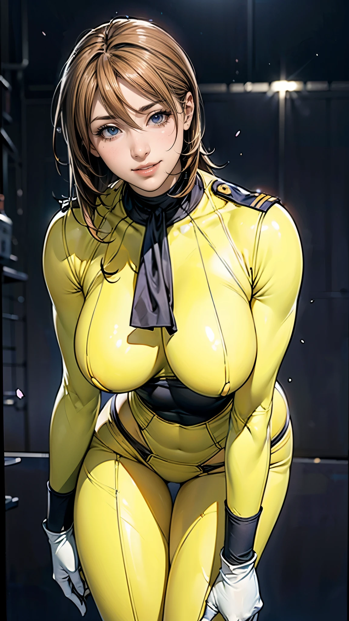 (masterpiece),(highest quality),(Very detailed),(High resolution),(Photorealistic Stick),(Realistic),(8k),wallpaper,Perfect lighting,BREAK(One Woman),((MoriYuki:1.5)),(MoriBodysuit, yellow bodysuit, belt:1.5),(MoriUniform, white gloves, military uniform, brown jacket, ascot, belt:1.5),(22 years old),(((Extremely form fitting bodysuit:1.5))),(((Very detailedなボディスーツの描画:1.5))),(Beautiful Eyes:1.5),(Detailed face drawing:1.5),(Detailed face drawing:1.5),((Very detailedな女性の手:1.5)),(Shiny skin:1.0),(((Very muscular:1.5))),((Big Breasts:1.5)),(Fleshy),(((Thick thighs:1.5))),(Sensual body),(black background:1.5),(((Blur the background:1.5))),(((leaning forward:1.5))),(((Warm-Smile:1.5)))