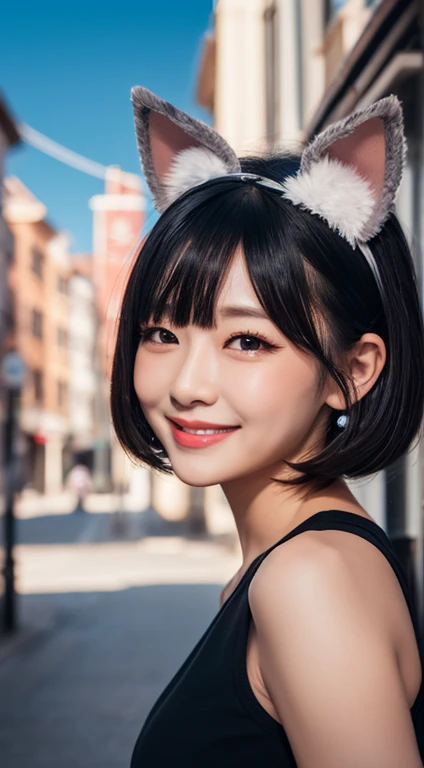 black hair, hair bobbles, wince, longeyelashes, solid circle eyes, fake animal ears, light smile, ear blush, fang, ccurate, Surrealism, drop shadow, anaglyph, stereogram, tachi-e, pov, atmospheric perspective, 8k, super detail, best quality