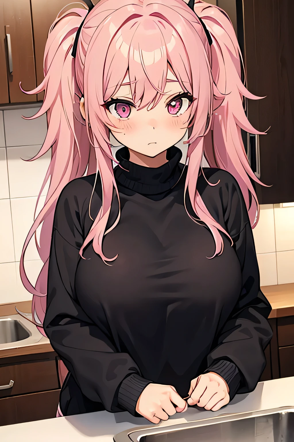adult, cute anime girl, pink hair, long hair, pink eyes, big tits, messy hair, wearing black sweater, hair tied in two, blushing, in kitchen