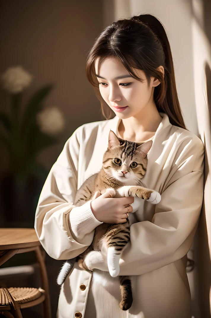 Girl holding a cat、High resolution、30-year-old woman、Wearing a jacket、Finish as shown in the picture、Her skin is white and beautiful、Colored inside、Professional photography、Photorealistic、Professional Lighting、masterpiece、Very delicate and beautiful、